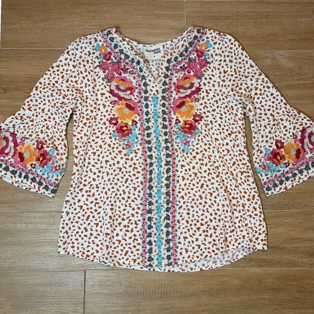 Anthropology Jane Floral Embroidered Cheetah Print Boho Bell Sleeve Top  me